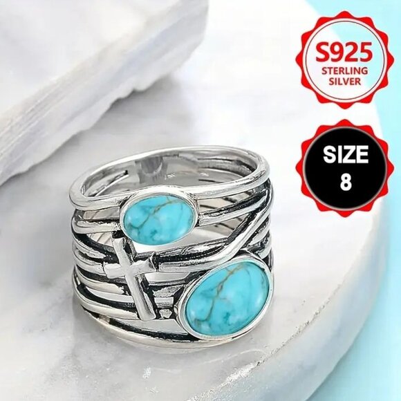 Size 8 Sterling SIlver Turquoise Ring Gemstone with Cross - Picture 2 of 5